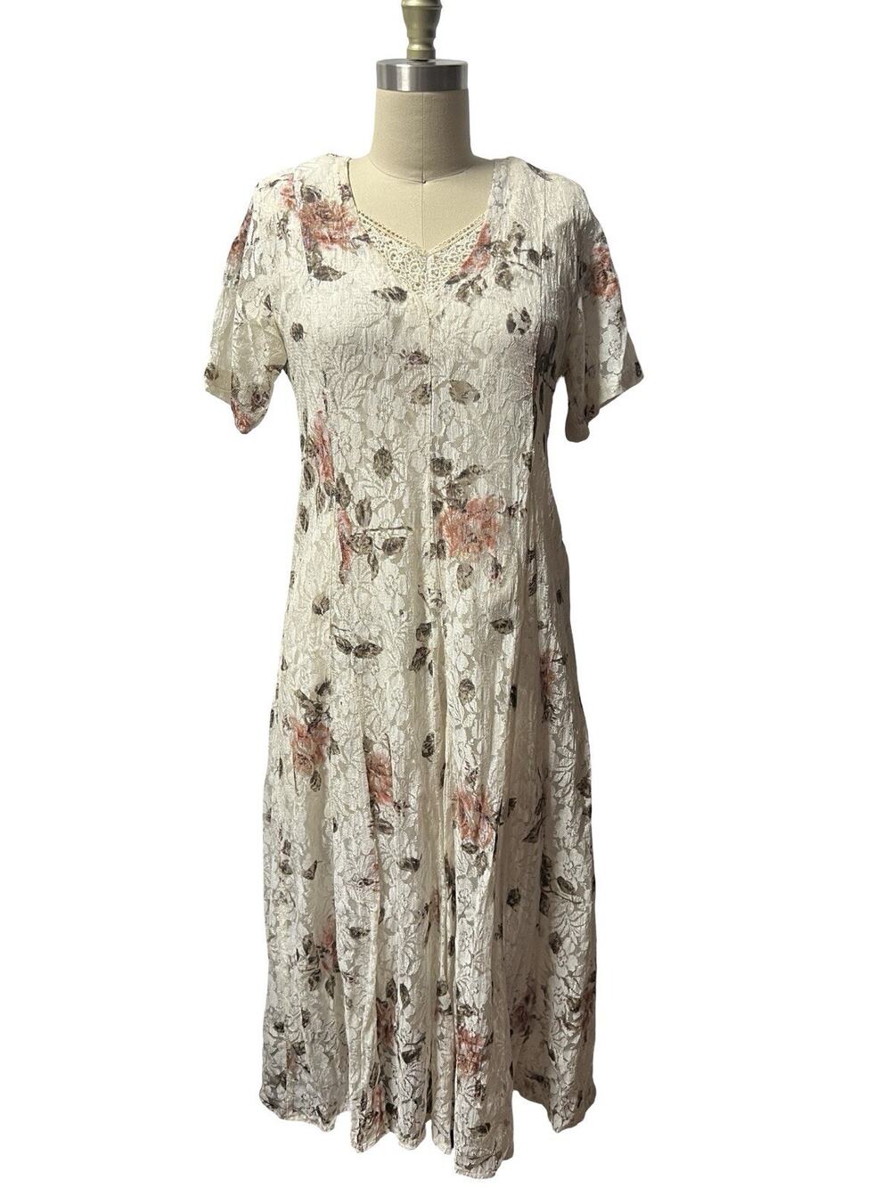 Vintage 90s Starina Whimsigoth Cream Floral Grunge Midi Dress Crinkle Rayon Sz S